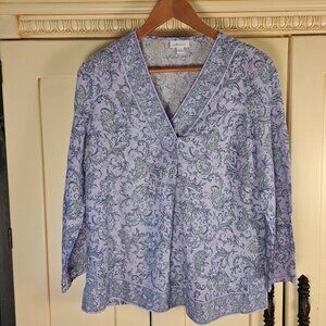 J.Jill Love Linen Purple Floral Floral V Neck Popover Boxy Blouse Sz XS